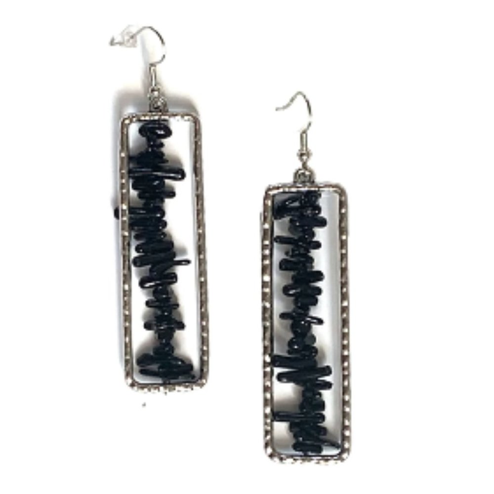 Black Silver Rectangle Long Dangle Earrings | Geometric Jewelry